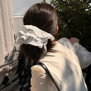 Retro white polka dot oversized scrunchie hair tie with pleated chiffon ruffles for women