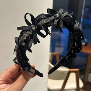 Elegant black satin headband with rhinestone bow ties and anti-slip hair clips