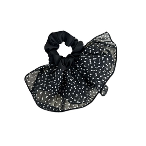 French style double-layered mesh scrunchie with black and white polka dot pattern