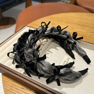 Elegant bow ribbon headbands in black and silver gray with non-slip rhinestone teeth