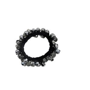 Elegant beaded hair tie with grey crystal faceted beads and elastic black band for women