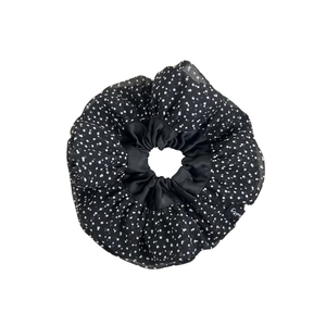 Vintage black and white polka dot scrunchie with sheer mesh and pleated fabric
