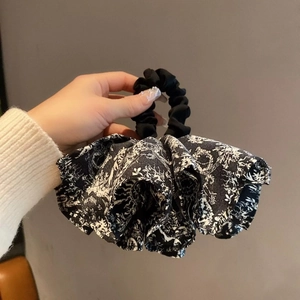 Large French Vintage Toile De Jouy Print Scrunchie Elegant Pleated Satin Bowknot Hair Tie For Women Daily Hair Accessories