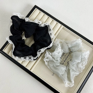 Set of two French lace hair scrunchies in black and pearly silver white organza fabric