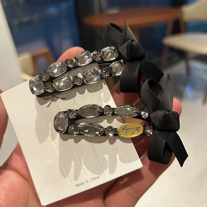 Vintage Satin Ribbon Bow Rhinestone Duckbill Hair Clip For Women Elegant Black Bowknot Hairpin With Lucky Gold Metal Plate