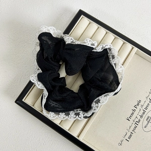 French style white lace trimmed black chiffon scrunchie hair accessory for women