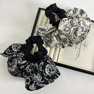 French vintage floral scrunchies set in black and white with classic pattern