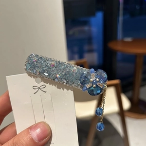 Pince à Cheveux Style Coréen Strass Bleu Clair Design Fleur Élégante Avec Gland de Chaîne en Métal pour Femme Bijoux de Cheveux