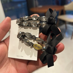 Satin ribbon bow hair clips set with luxury rhinestones and gold Lucky charms