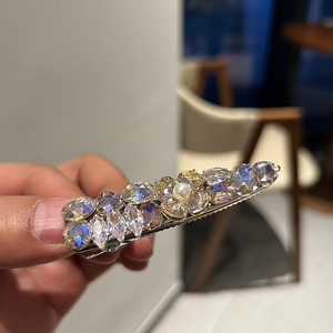 Exquisite silver duckbill hair clip with purple rhinestones and white pearl accent