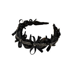 Vintage black satin headband with bow and sparkling rhinestones for women hair styling