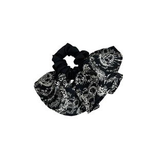 Elegant black scrunchie with vintage Toile de Jouy pattern bow for ponytail hairstyles