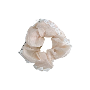 French style white lace organza scrunchie with elegant vintage champagne satin finish