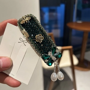 Vintage emerald crystal hair clip with gold bee, rose accents and pearl tassels