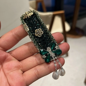 Vintage emerald crystal flower hair clip with golden bees, butterflies and pearl tassels