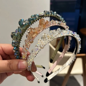 Serre-têtes élégants en perles de cristal bleu, orange et blanc avec dents antidérapantes