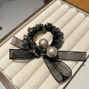 Französischer Retro Bogen Haargummi Mit Strass Künstliche Perle Schwarz Gaze Elegant Pferdeschwanz Haarseil Damen Haarschmuck