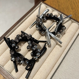 Korean Style Crystal Beaded Bowknot Elastic Hair Ties Elegant Black Silver Ponytail Holder For Women Fashion Hair Accessories