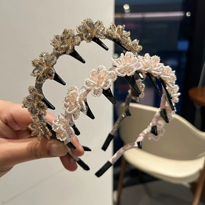 Handmade Beaded Flower Headband With Teeth Vintage Rhinestone Floral Hair Hoop For Women Korean Style Hair Accessories