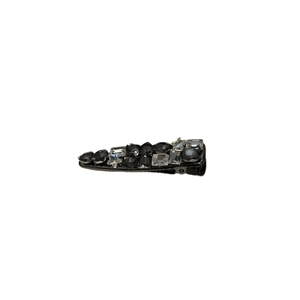 Elegant duckbill hair clip with sparkling black and clear crystals on a dark alloy base