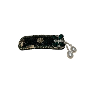 Vintage emerald crystal flower hair clip with pearls and golden bee ornaments