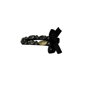 Elegant black ribbon bow hair clip with luxury rhinestones and gold Lucky medal decoration