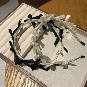 Elegant satin bow and pearl twisted headband set in black and cream beige styles
