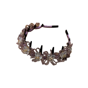 Serre-tête élégant à fleurs à paillettes mauves avec perles cristal et dents antidérapantes