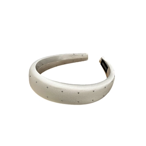 Elegant champagne satin padded headband with silver rhinestones and handmade label