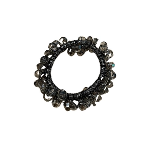 Elegant beaded hair tie with smoky grey faceted crystals on black elastic band