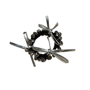 Elegant black beaded hair tie with silver satin bows and faceted obsidian crystal beads