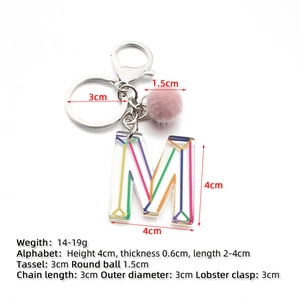 Detailed size chart of acrylic letter M keychain with pink pompom and lobster clasp
