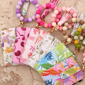 PU Leather Card Holder Keychain With Silicone Bead Bracelet Wristlet Tassel Keyring For Women Floral Print Coin Purse