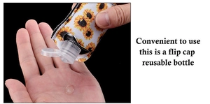 Close-up of using a sunflower print sleeve and reusable bottle to squeeze sanitizer gel
