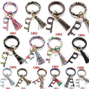 PU Leather Wristlet Keychain With Tassel And Non-contact Door Opener Tool Fashion Leopard Printed Bracelet Keychain For Women