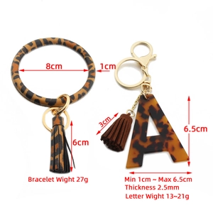 Leopard print PU leather ring bracelet keychain with acrylic letter A and dual tassels