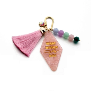 Pink tassel keychain with colorful beads and geometric acrylic diamond pendant charm