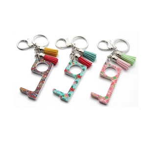 Multi-functional non-contact door opener keychain set with colorful patterns and tassels