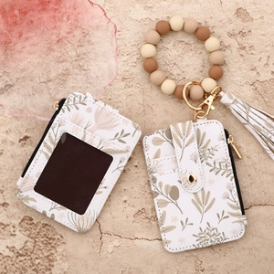 Floral print card holder wallet set with silicone bead bracelet and leather tassel charm