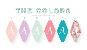 Detail showing six vintage style diamond acrylic keychains in various soft pastel colors