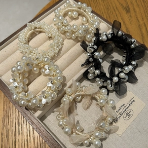 Elegant Artificial Pearl Mesh Hair Ties For Women Korean Style Faux Artificial Pearl Scrunchies Flower Rhinestone Elastic Hair Band Accessories