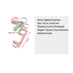 Acrylic no-touch EDC door opener keychain with rose pattern and colorful tassels