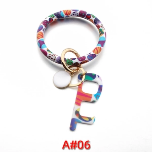 Detail of colorful geometric pattern keychain with PU leather strap and door opener tool