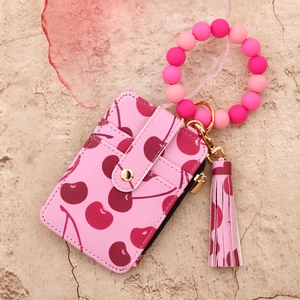 Pink cherry print PU leather card holder with silicone bead wristlet and tassel keychain