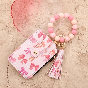 Pink bow print PU leather wallet with silicone bead wristlet and elegant tassel keychain