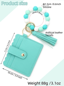 Silicone bead wristlet bracelet with PU leather card holder and tassel keychain