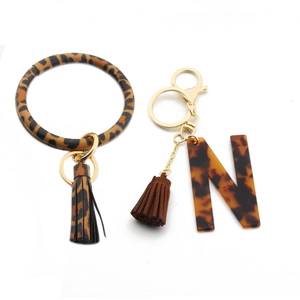 Detailed view of leopard print PU leather wristlet key ring with letter N acrylic charm