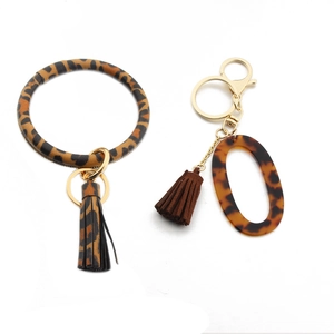 Detail of leopard print PU leather wristlet ring and tortoiseshell acrylic pendant keychain