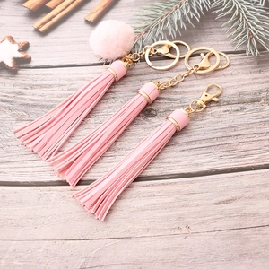 Fashion PU Leather Tassel Keychain Long Fringe Bag Charm With Gold Metal Lobster Clasp Fur Ball Pendant For Women Jewelry