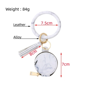 Bracelet porte-clés en cuir PU marbré blanc avec pochette miroir et gland élégant